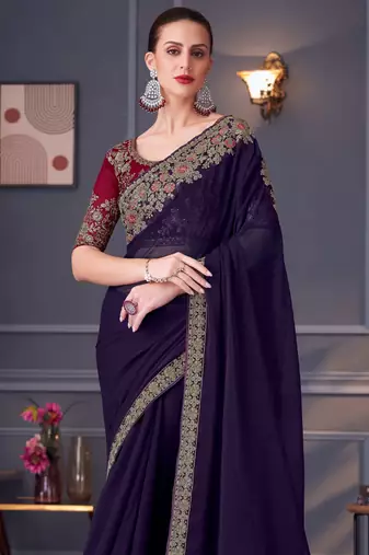Purple red georgette embroidered party-wear-saree