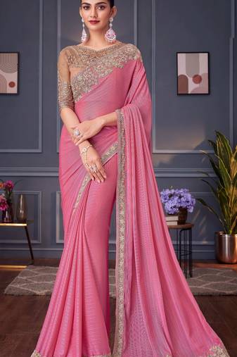pink,beige silk blend embroidered party-wear-sarees