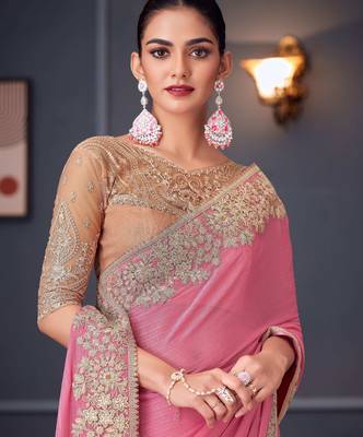 pink beige silk blend embroidered party-wear-saree 2