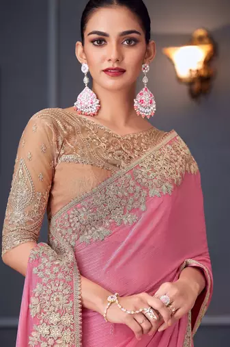 pink beige silk blend embroidered party-wear-saree