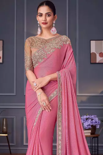 pink beige silk blend embroidered party-wear-saree