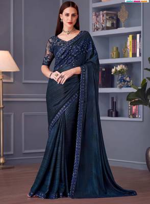 dark blue silk blend embroidered party-wear-saree 1