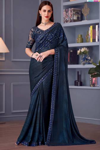 dark blue silk blend embroidered party-wear-sarees