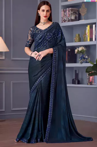 dark blue silk blend embroidered party-wear-sarees