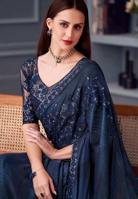 dark blue silk blend embroidered party-wear-saree 2