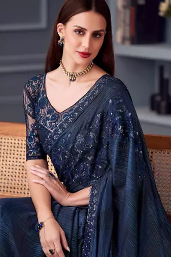 dark blue silk blend embroidered party-wear-saree