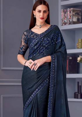 dark blue silk blend embroidered party-wear-saree 3