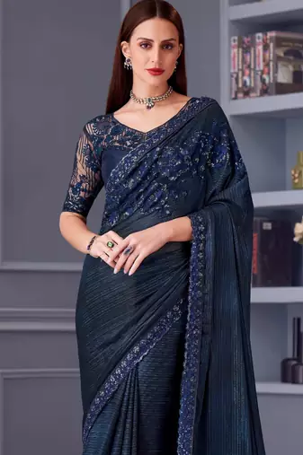dark blue silk blend embroidered party-wear-saree