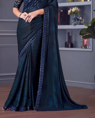 dark blue silk blend embroidered party-wear-saree 4