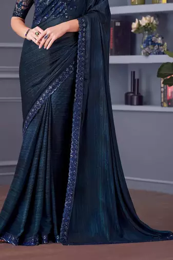 dark blue silk blend embroidered party-wear-saree