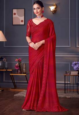 hot red silk blend embroidered party-wear-saree 1