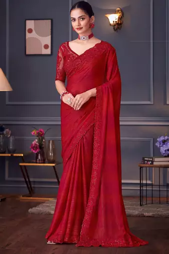 hot red silk blend embroidered party-wear-sarees