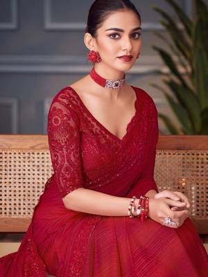 hot red silk blend embroidered party-wear-saree 2