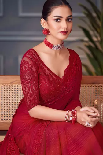 hot red silk blend embroidered party-wear-saree