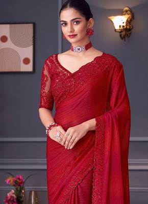 hot red silk blend embroidered party-wear-saree 3