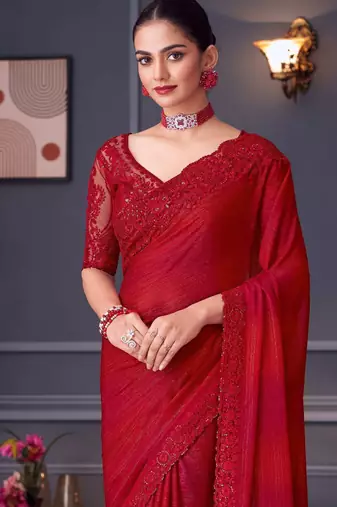 hot red silk blend embroidered party-wear-saree