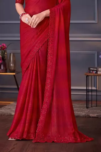 hot red silk blend embroidered party-wear-saree
