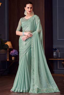 sea green silk blend embroidered party-wear-saree 1