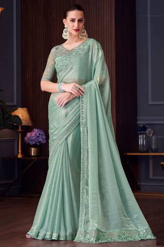 sea green silk blend embroidered party-wear-sarees