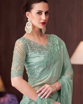 sea green silk blend embroidered party-wear-saree 2