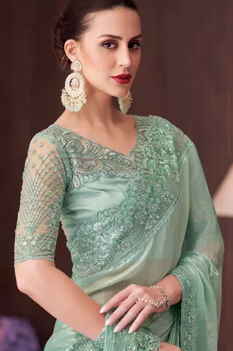 sea green silk blend embroidered party-wear-saree
