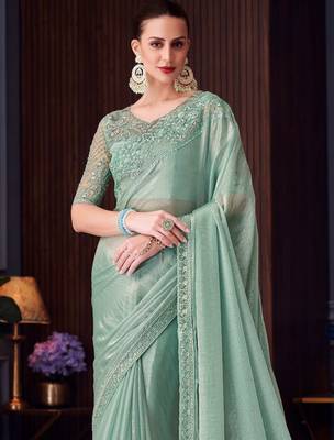sea green silk blend embroidered party-wear-saree 3