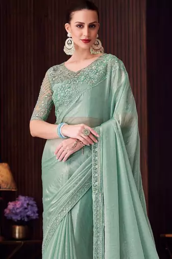 sea green silk blend embroidered party-wear-saree