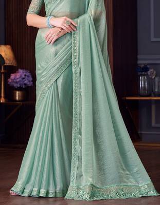 sea green silk blend embroidered party-wear-saree 4