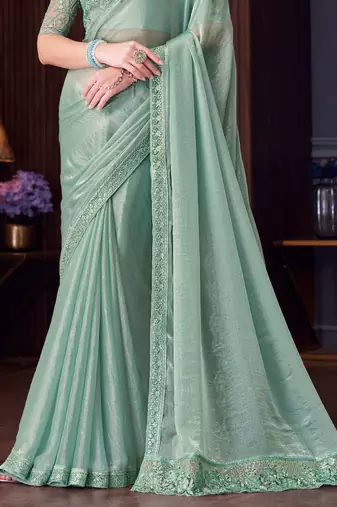 sea green silk blend embroidered party-wear-saree