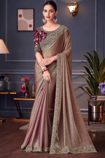 beige,maroon silk blend embroidered party-wear-sarees