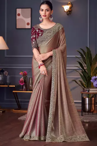 beige,maroon silk blend embroidered party-wear-sarees