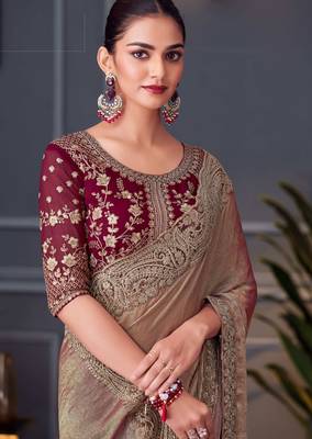 beige maroon silk blend embroidered party-wear-saree 2