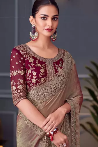 beige maroon silk blend embroidered party-wear-saree