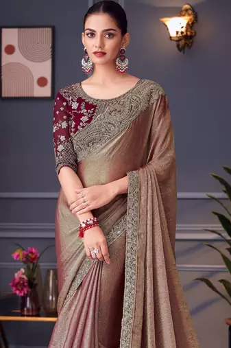 beige maroon silk blend embroidered party-wear-saree
