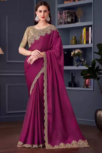 magenta,beige silk blend embroidered party-wear-sarees