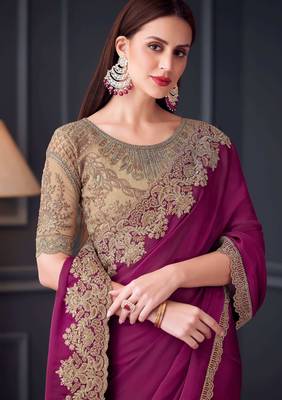 magenta beige silk blend embroidered party-wear-saree 2