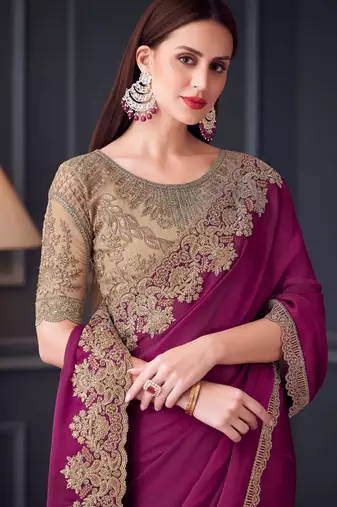 magenta beige silk blend embroidered party-wear-saree