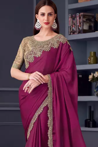magenta beige silk blend embroidered party-wear-saree
