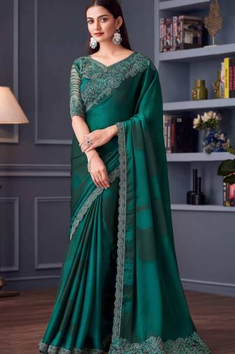 Green chiffon embroidered wedding-sarees