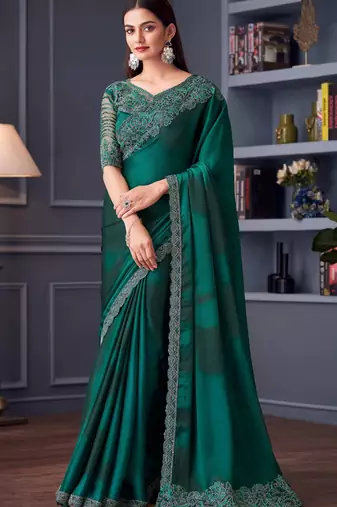Green chiffon embroidered wedding-sarees