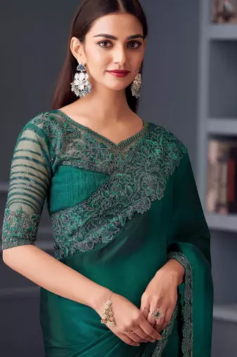 Green chiffon embroidered wedding-saree