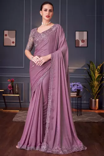 mauve silk blend embroidered wedding-sarees