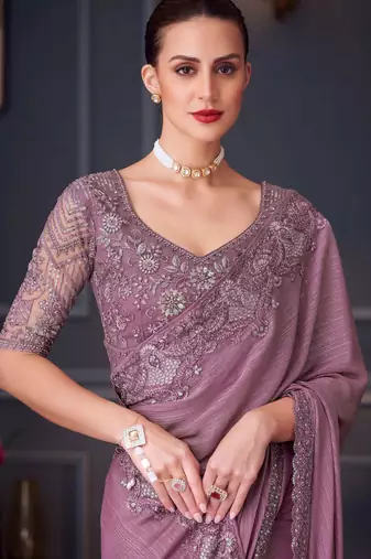 mauve silk blend embroidered wedding-saree