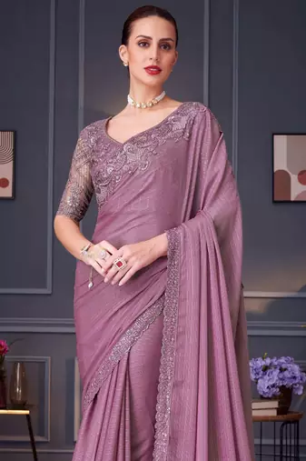 mauve silk blend embroidered wedding-saree