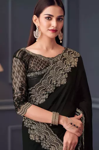 Black chiffon embroidered wedding-saree