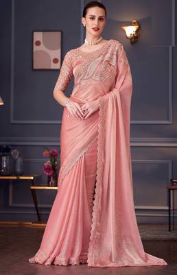 peach silk blend embroidered party-wear-saree 1