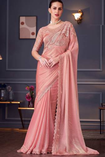 peach silk blend embroidered party-wear-sarees