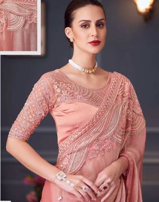 peach silk blend embroidered party-wear-saree 3