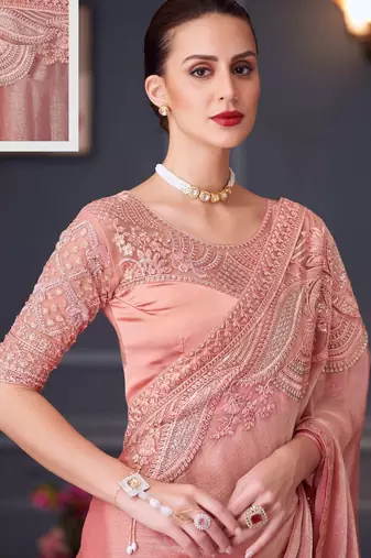 peach silk blend embroidered party-wear-saree