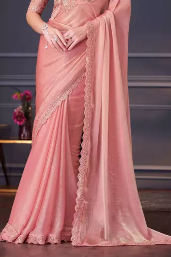peach silk blend embroidered party-wear-saree